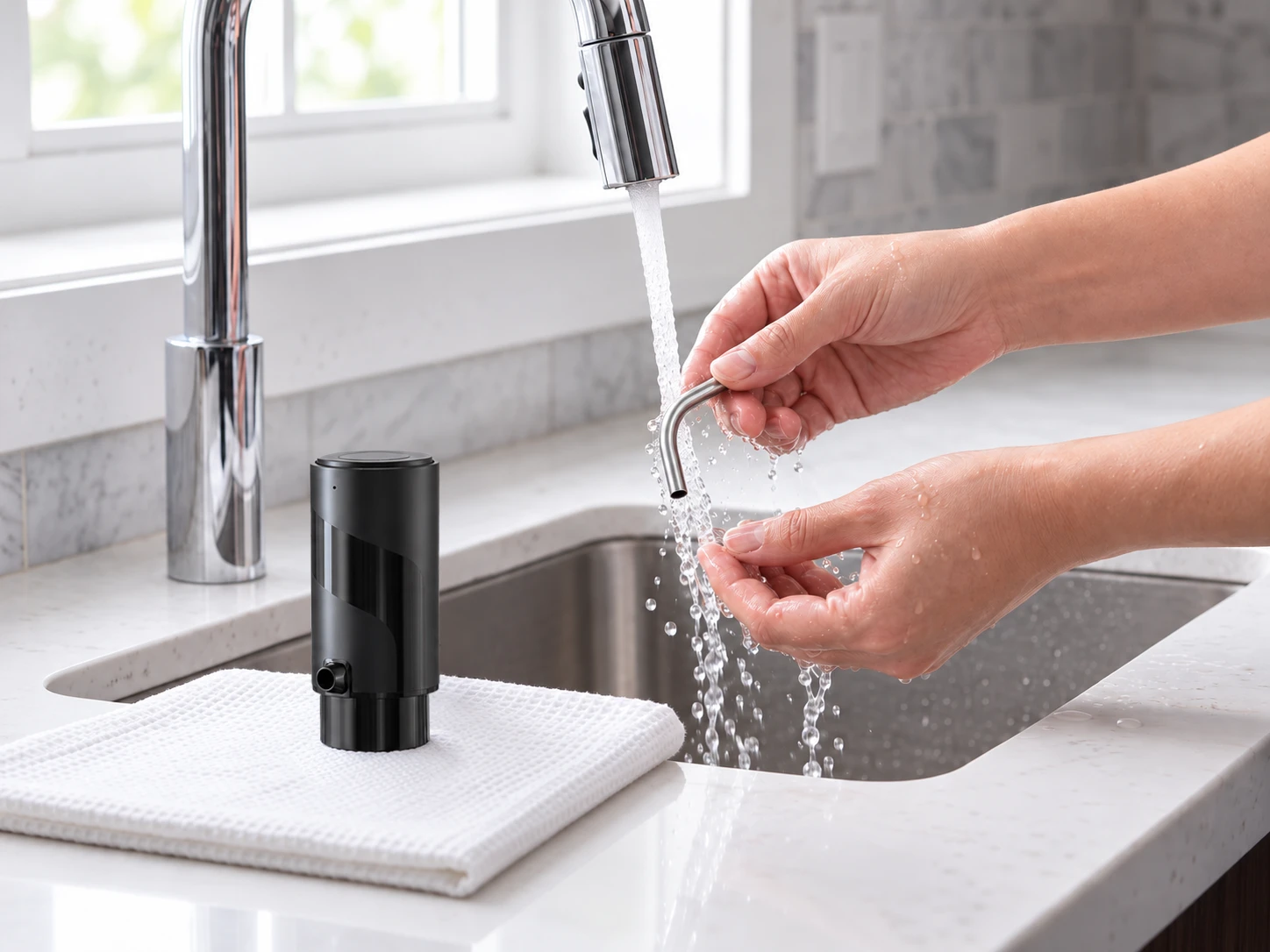 Rinsing the detachable AeroVinum tube clean under the tap