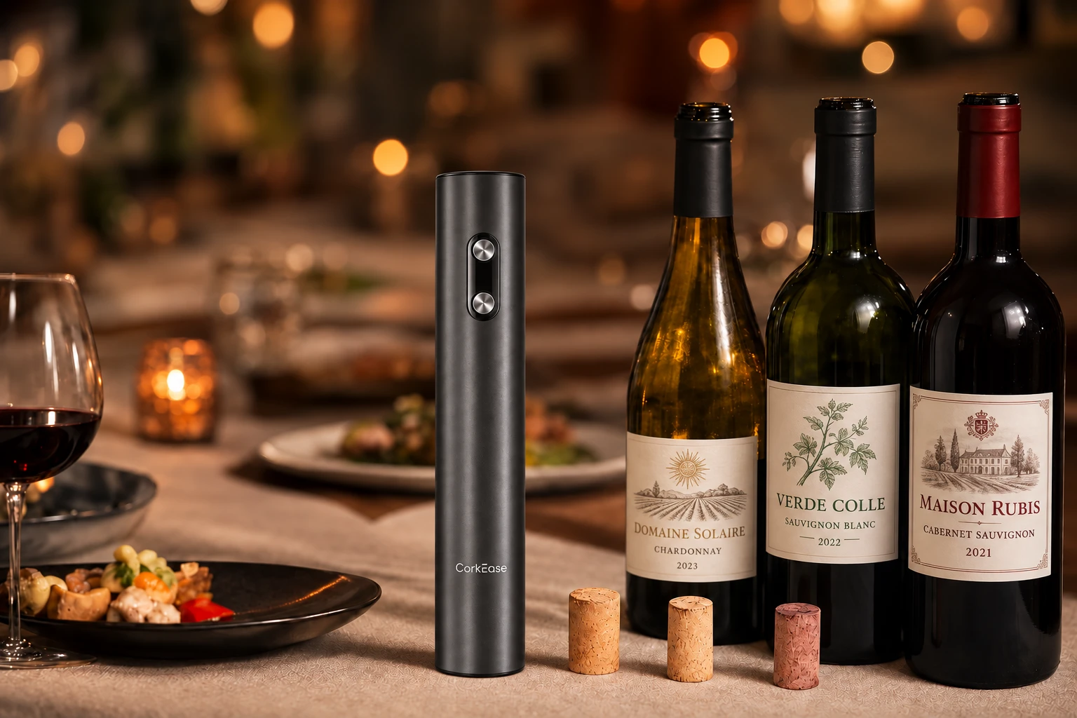CorkEase standing beside a row of opened bottles at a dinner party, pulled corks lined up in front