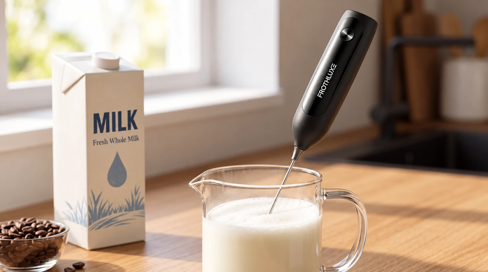 FrothLuxe frothing oat milk in a glass jug beside a carton of oat milk on a bright kitchen counter