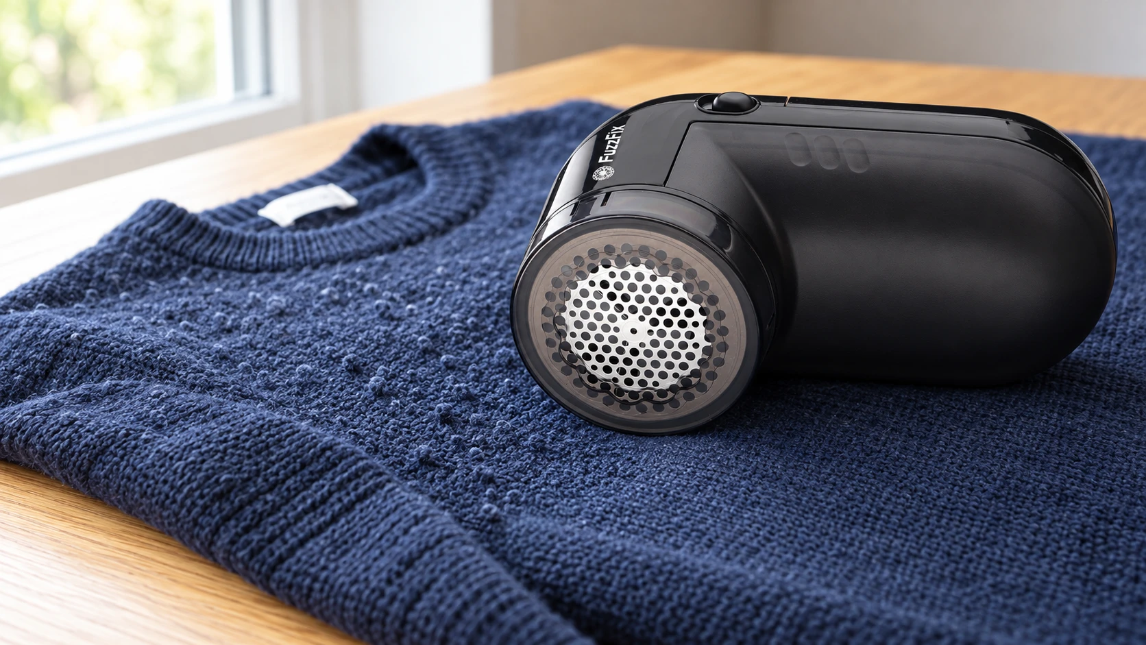 The FuzzFix fabric shaver with its wide mesh‑guarded shaving head