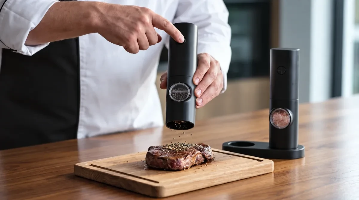 Grinding coarse pepper from the Voltmill directly over a seared steak on a wooden board